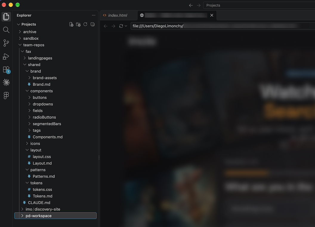 Project context folder in VS Code with .md files for brand, components, layout, patterns and tokens