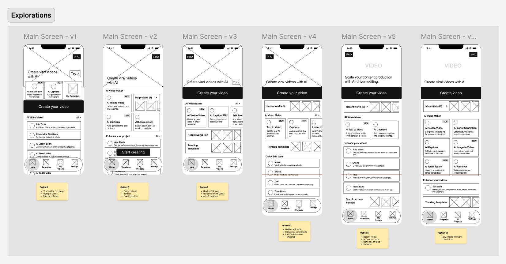 Low-fidelity home screen layout explorations