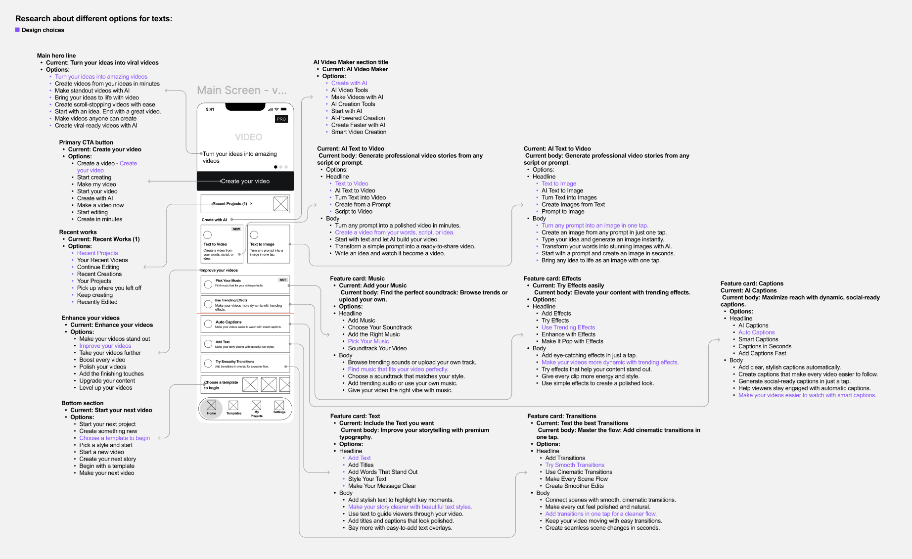 Home screen text and CTA explorations