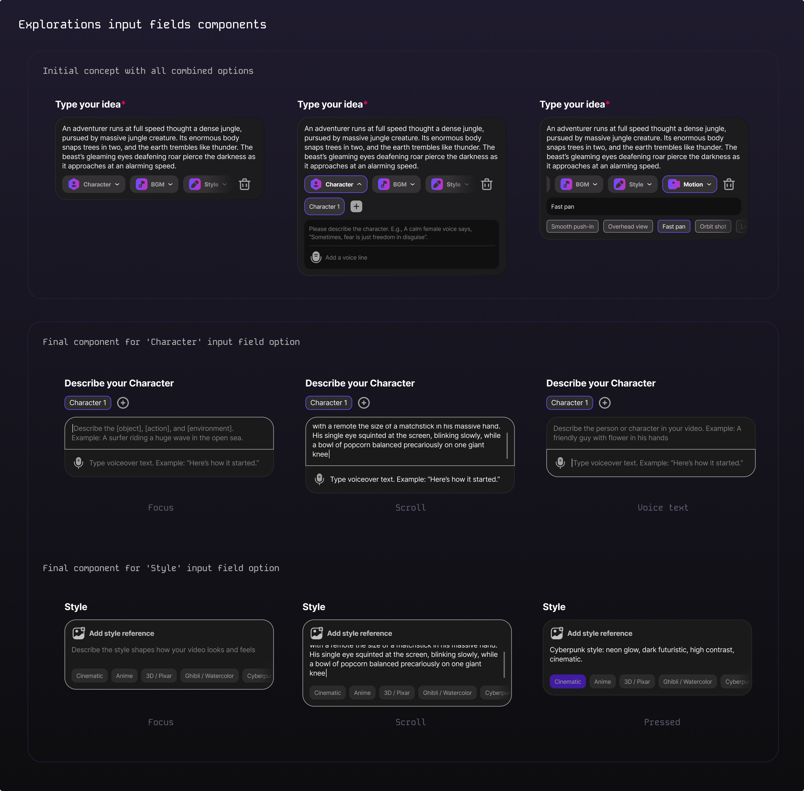 Text-to-Video UI definition explorations