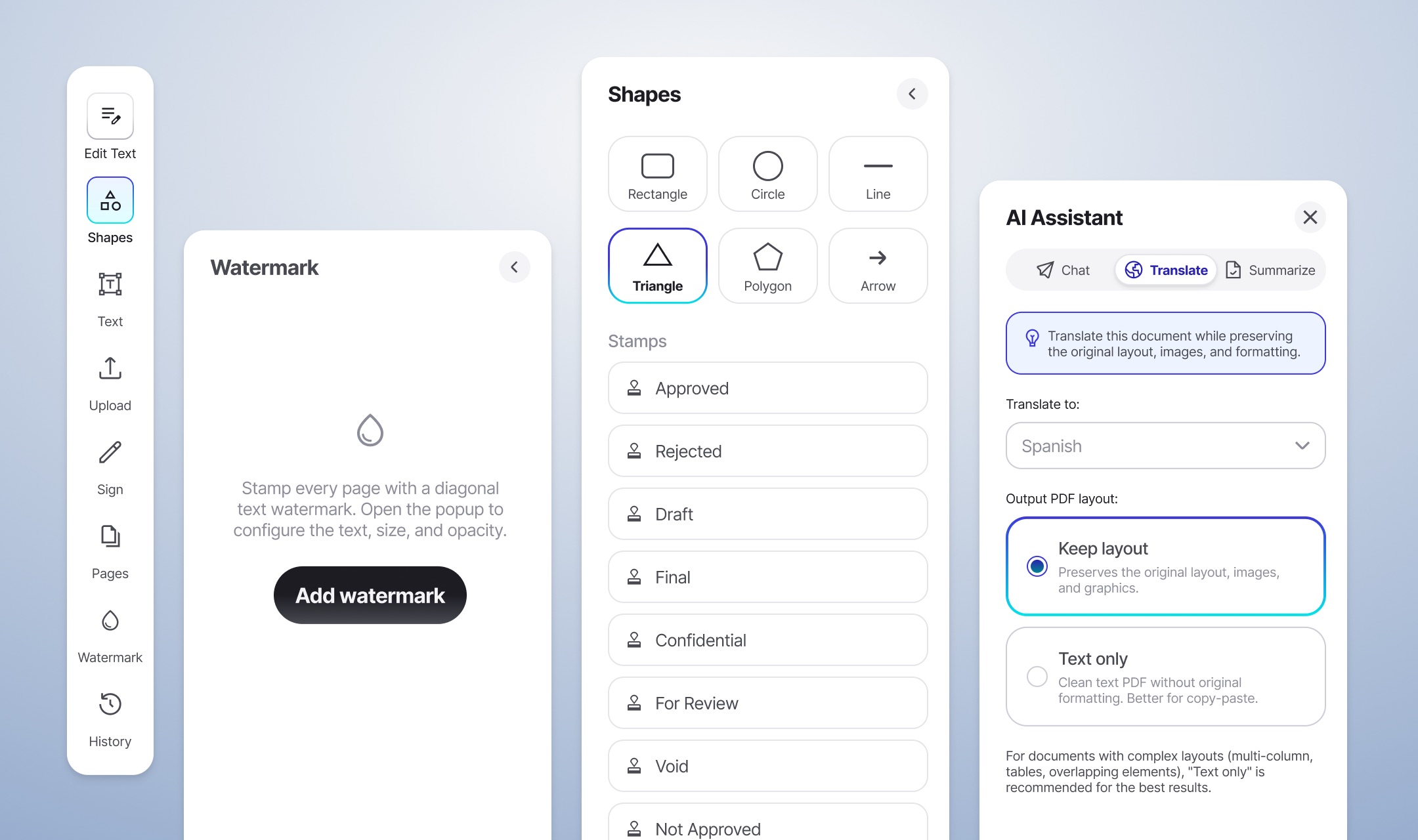 Shapes, watermark & AI assistant panels