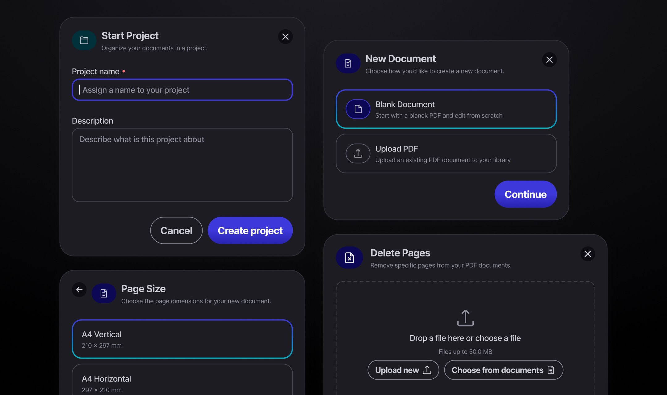 Project creation dialogs